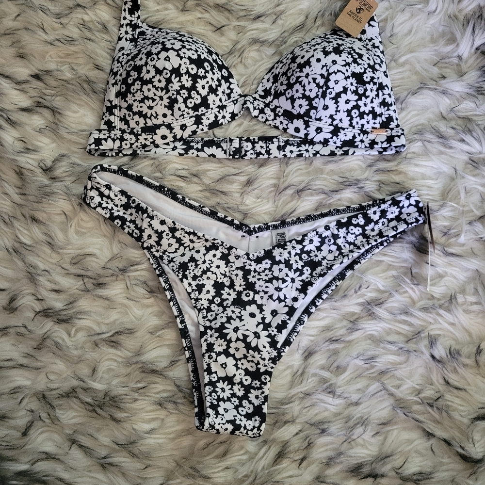 PINK black floral bikini small - Picture 2 of 12
